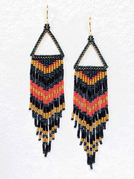 Isha Metallic Blue & Red Fringe Handmade Beaded Earrings Weaving Triangle Gold Yellow Hook