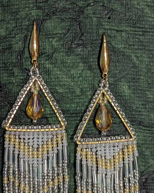 Isha Earrings Handmade Beaded Weaving Brass Steel Glass Gold Yellow White Triangle Hook
