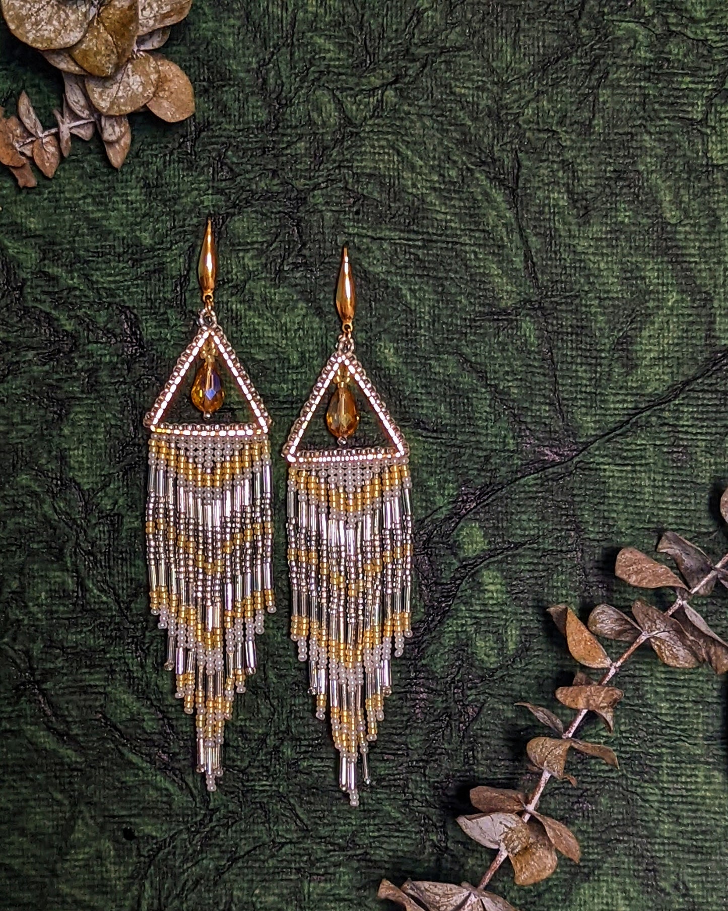 Isha Earrings Handmade Beaded Weaving Brass Steel Glass Gold Yellow White Triangle Hook