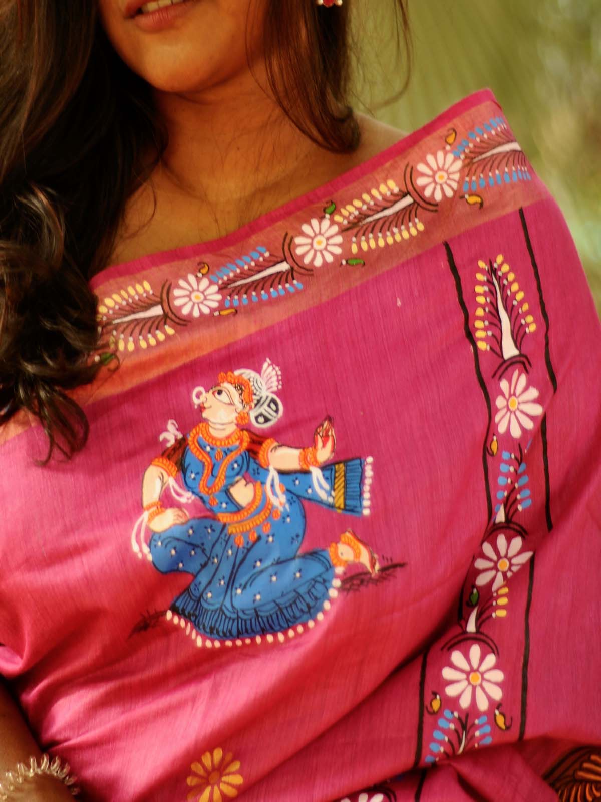 "Kandarpa Hathi" - Magenta Pink Handpainted Pattachitra saree