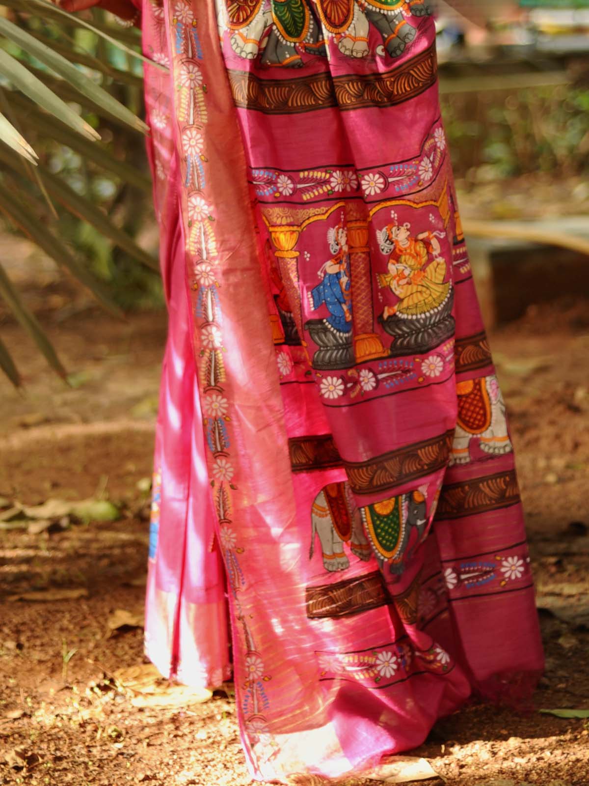"Kandarpa Hathi" - Magenta Pink Handpainted Pattachitra saree