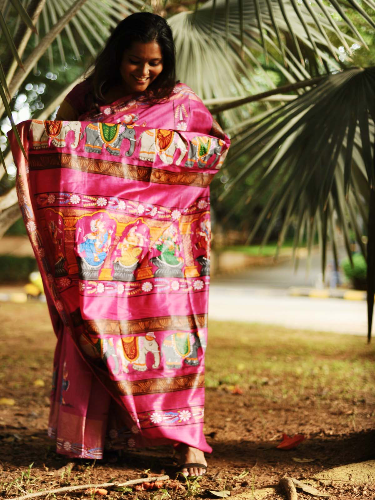 "Kandarpa Hathi" - Magenta Pink Handpainted Pattachitra saree