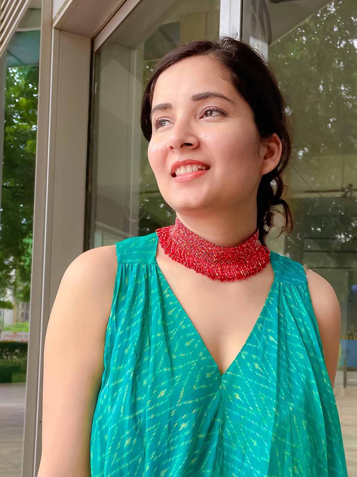 Lady in Red-Handmade Beaded Choker Red Orange Blue Gold