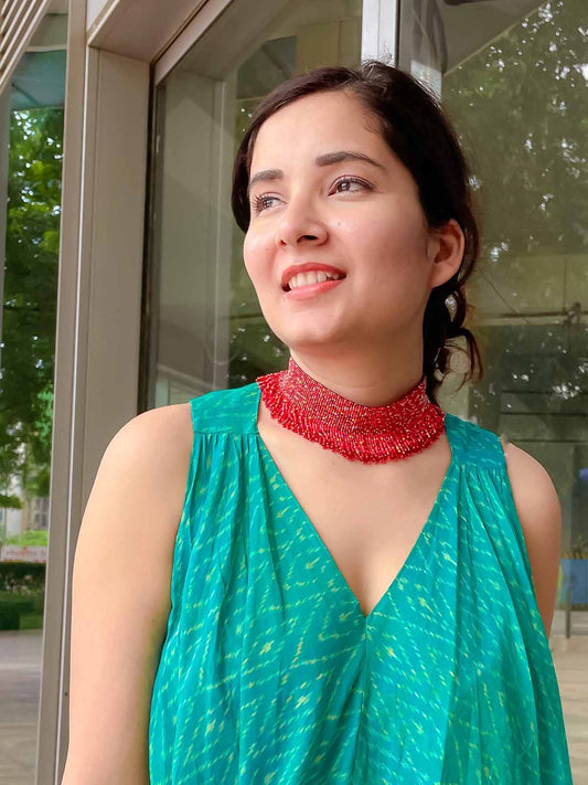 Lady in Red-Handmade Beaded Choker Red Orange Blue Gold