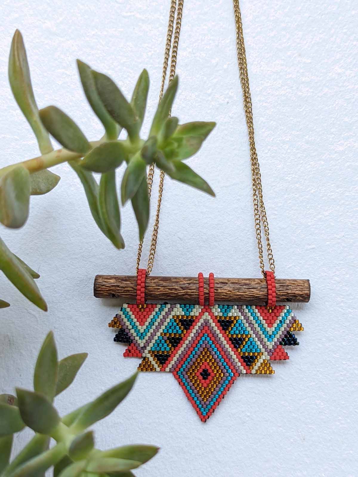 Maira Necklace Handmade Beaded Gold White Blue Turquoise Red Wooden Components Brass