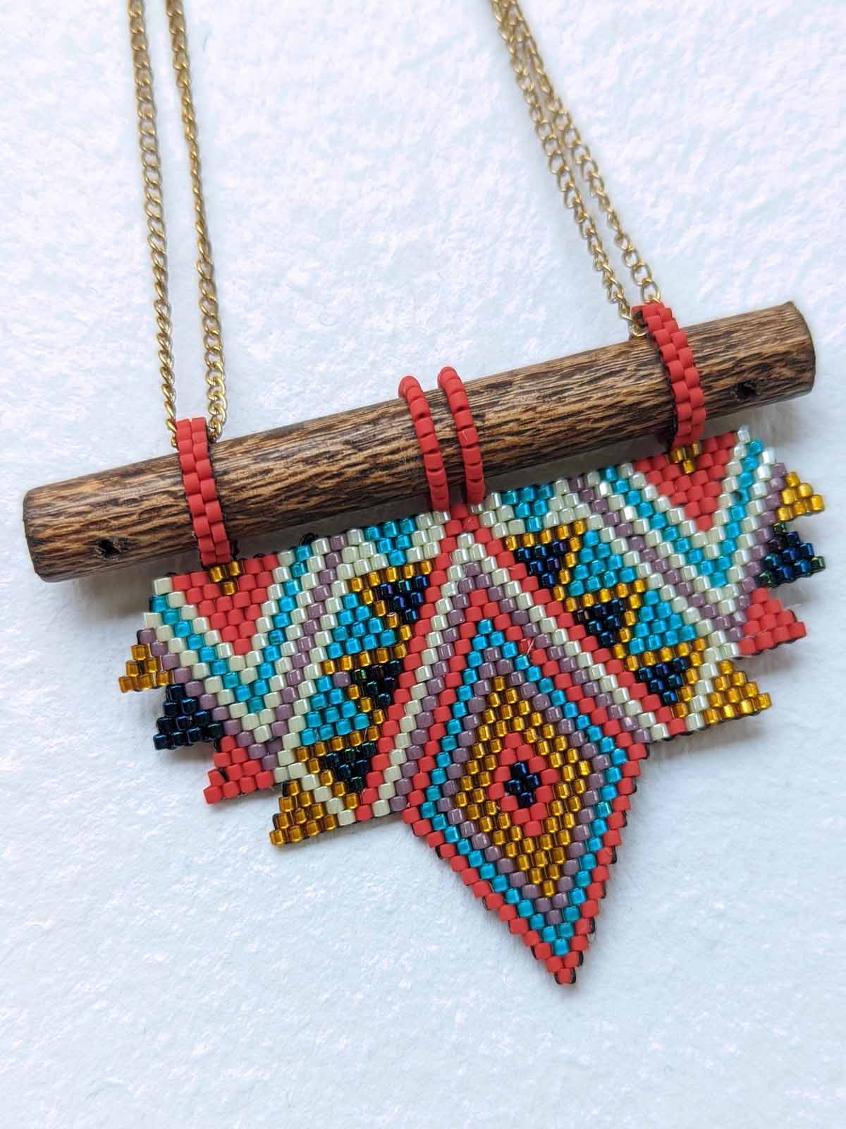 Maira Necklace Handmade Beaded Gold White Blue Turquoise Red Wooden Components Brass