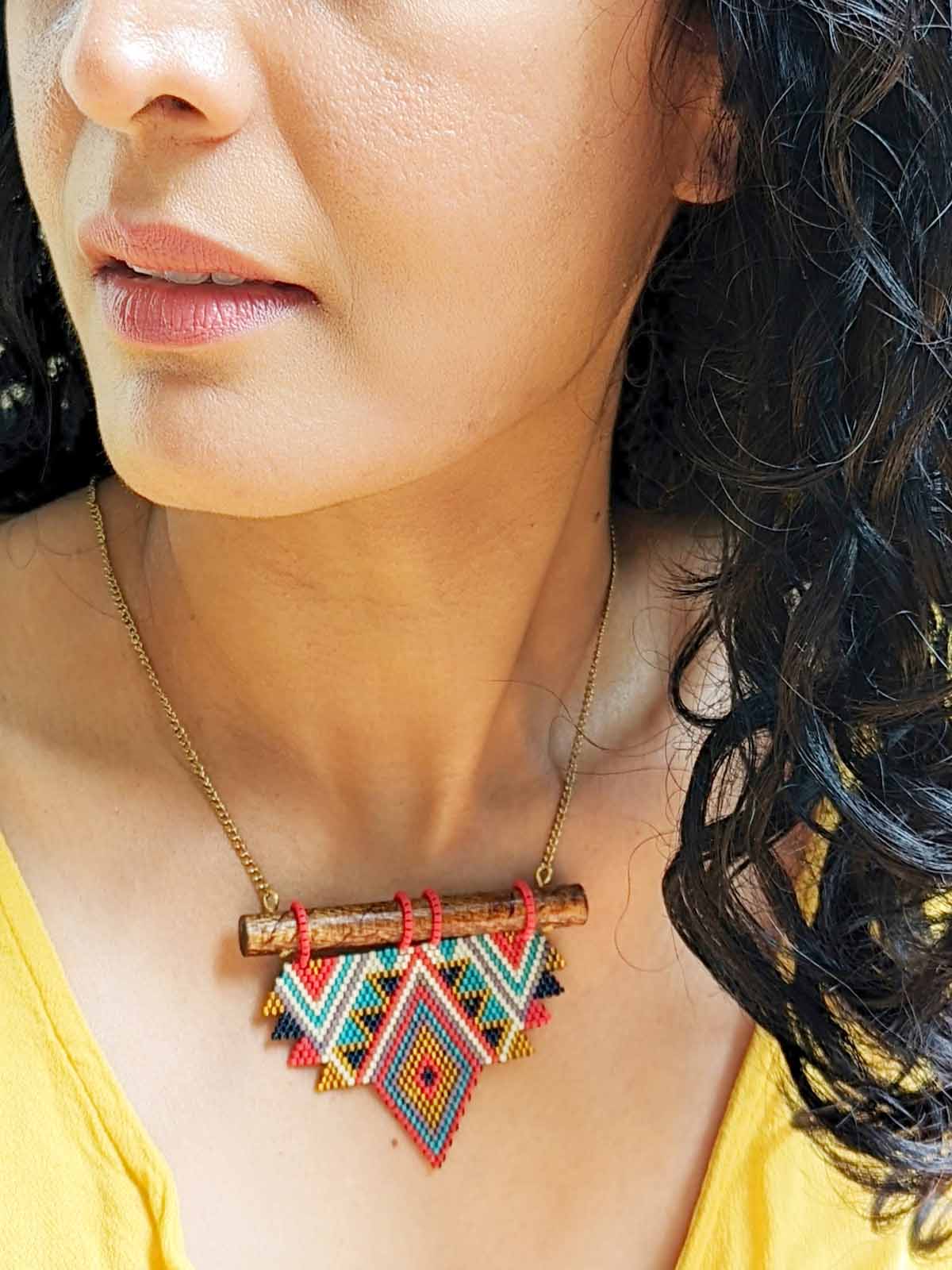 Maira Necklace Handmade Beaded Gold White Blue Turquoise Red Wooden Components Brass