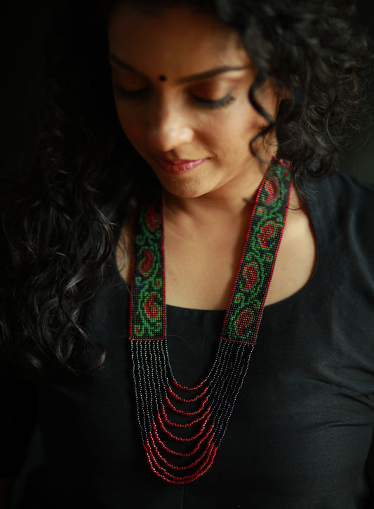 Handmade beaded Necklace in a Mango Motif Panel design Black Red Green Gold