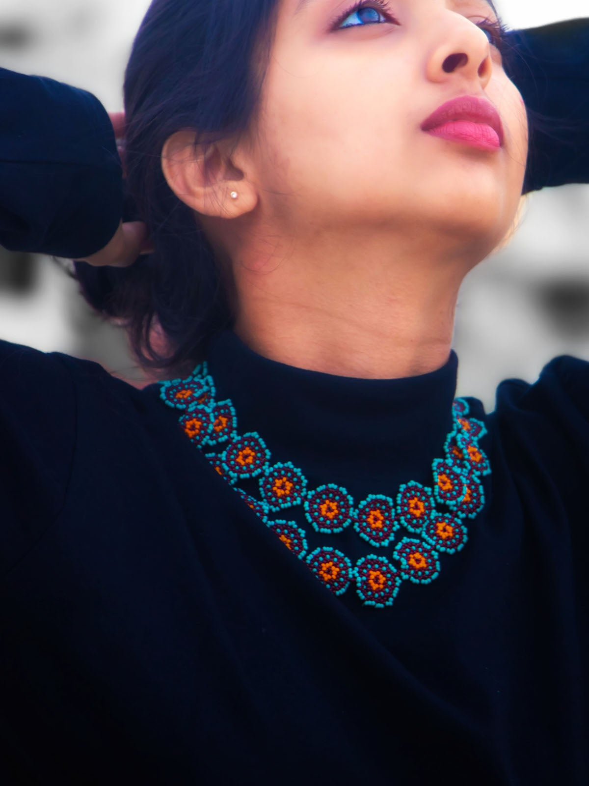 Mia Turquoise Multi-Stranded Flower Necklace Handmade Beaded Orange Maroon Green