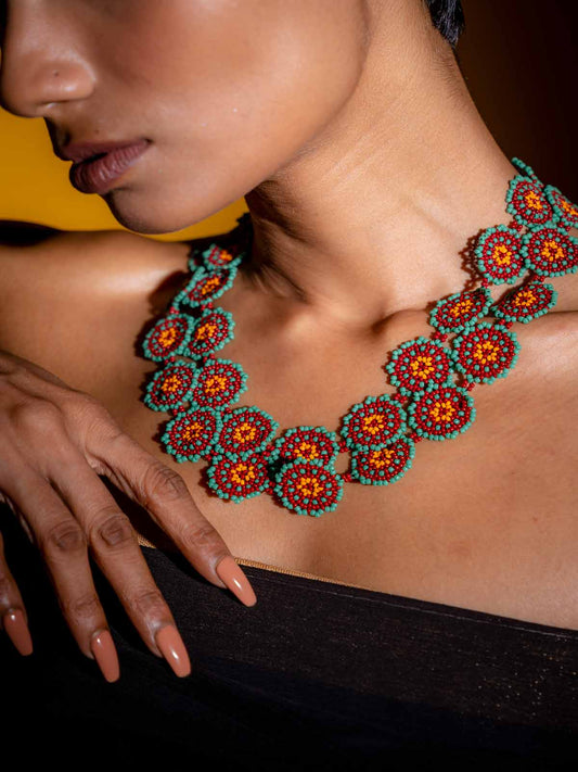 Mia Turquoise Multi-Stranded Flower Necklace Handmade Beaded Orange Maroon Green
