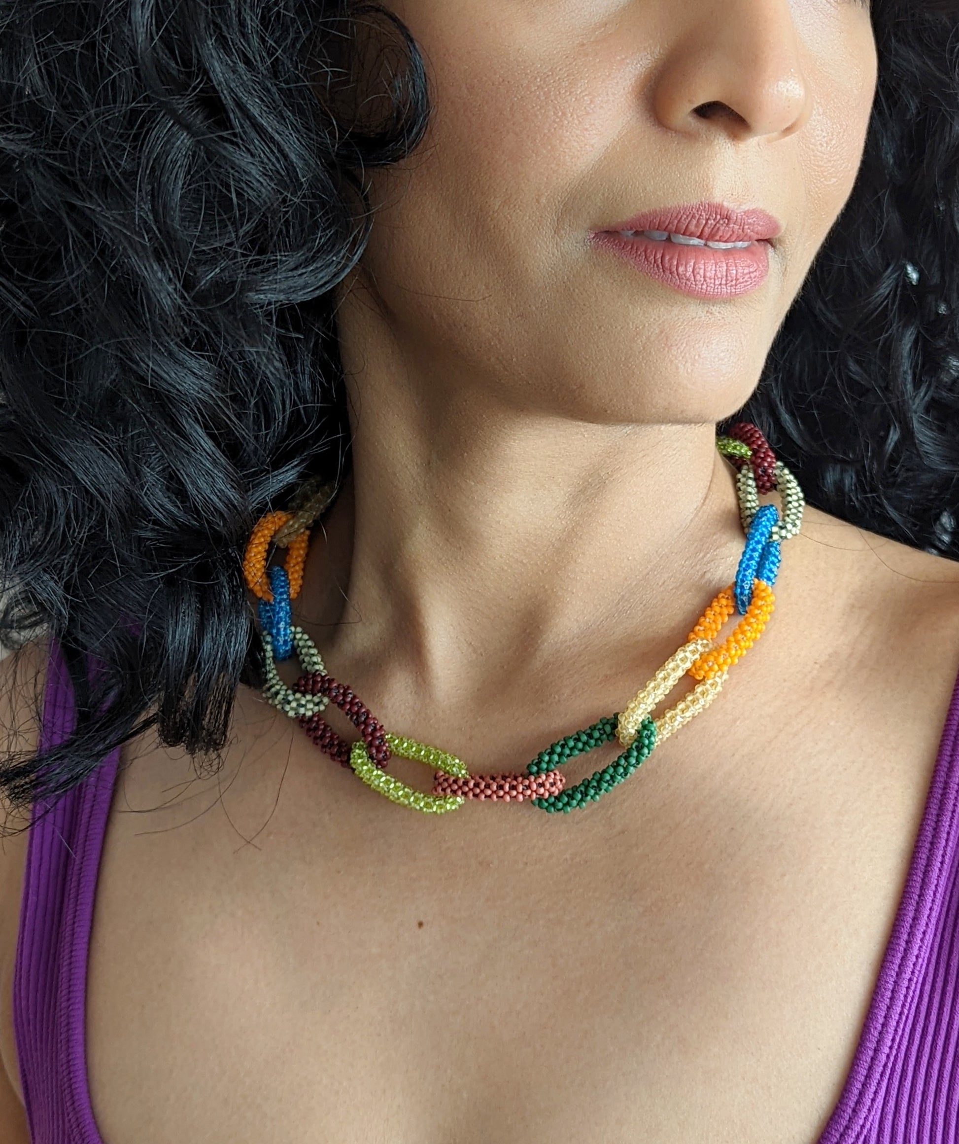 The Multicolored Chain-Links Necklace Handmade Beaded Yellow Blue White Pik Green Gold Brass Grey Brown