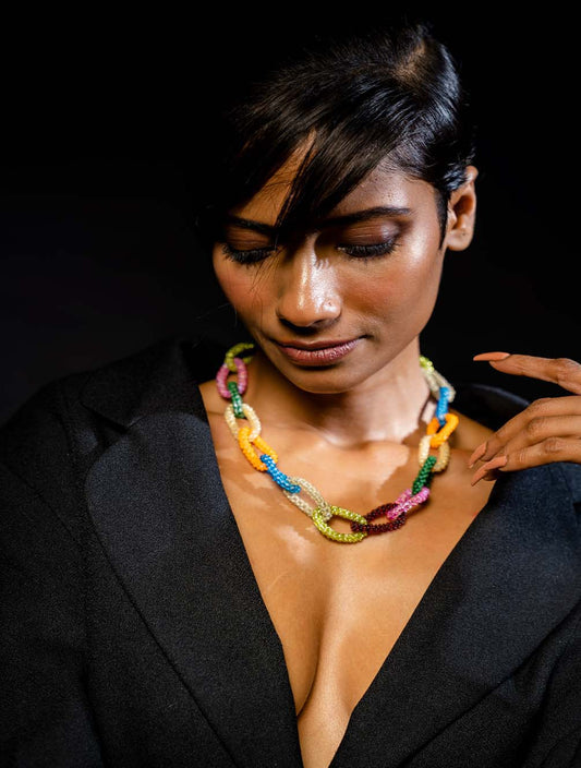 The Multicolored Chain-Links Necklace Handmade Beaded Yellow Blue White Pik Green Gold Brass Grey Brown