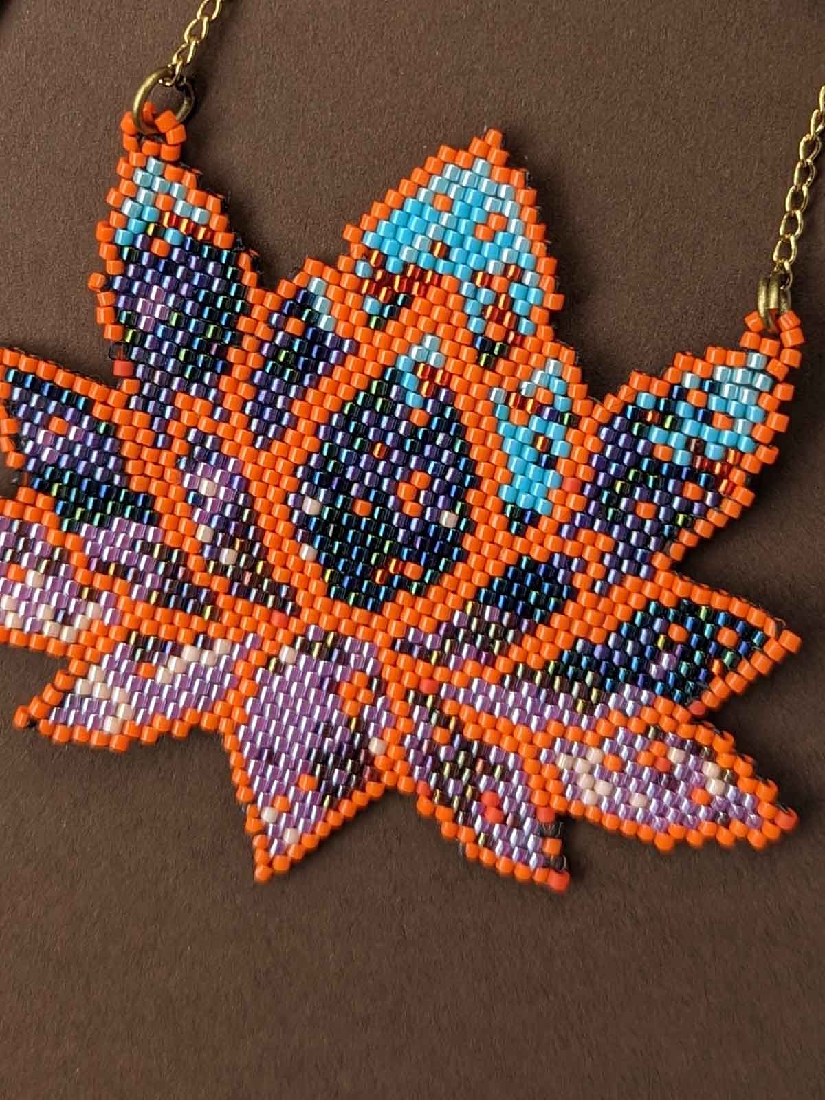 Orange Lotus Handmade Beaded Necklace Blue Grey Gold