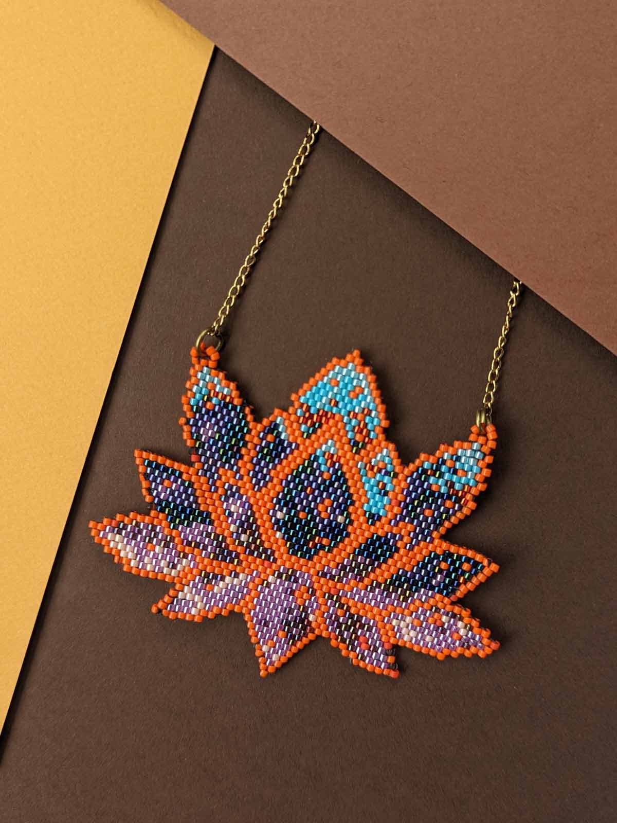 Orange Lotus Handmade Beaded Necklace Blue Grey Gold