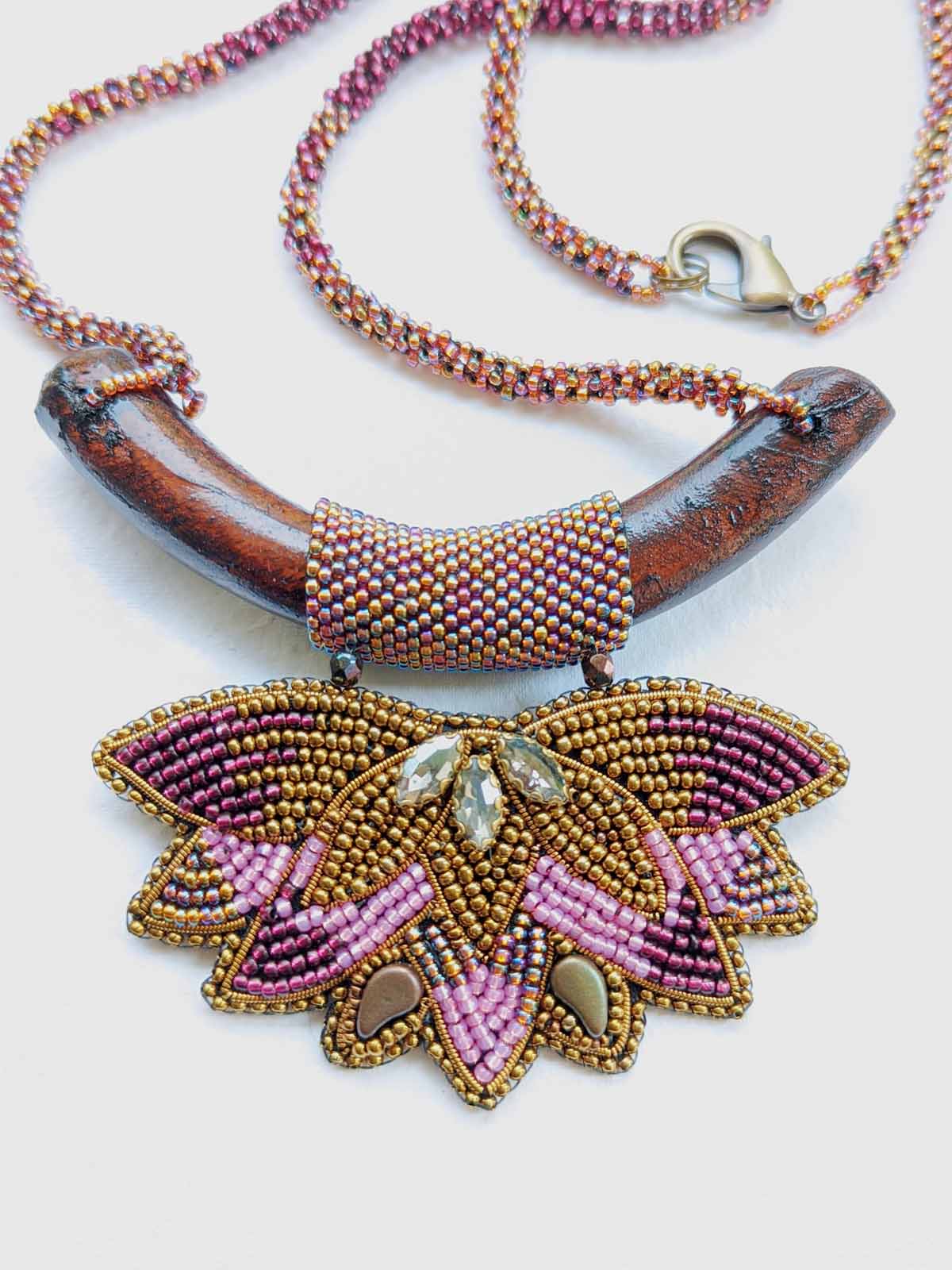 Padmaja Handmade Beaded Necklace Pink Magenta Silver Gold Wooden Element