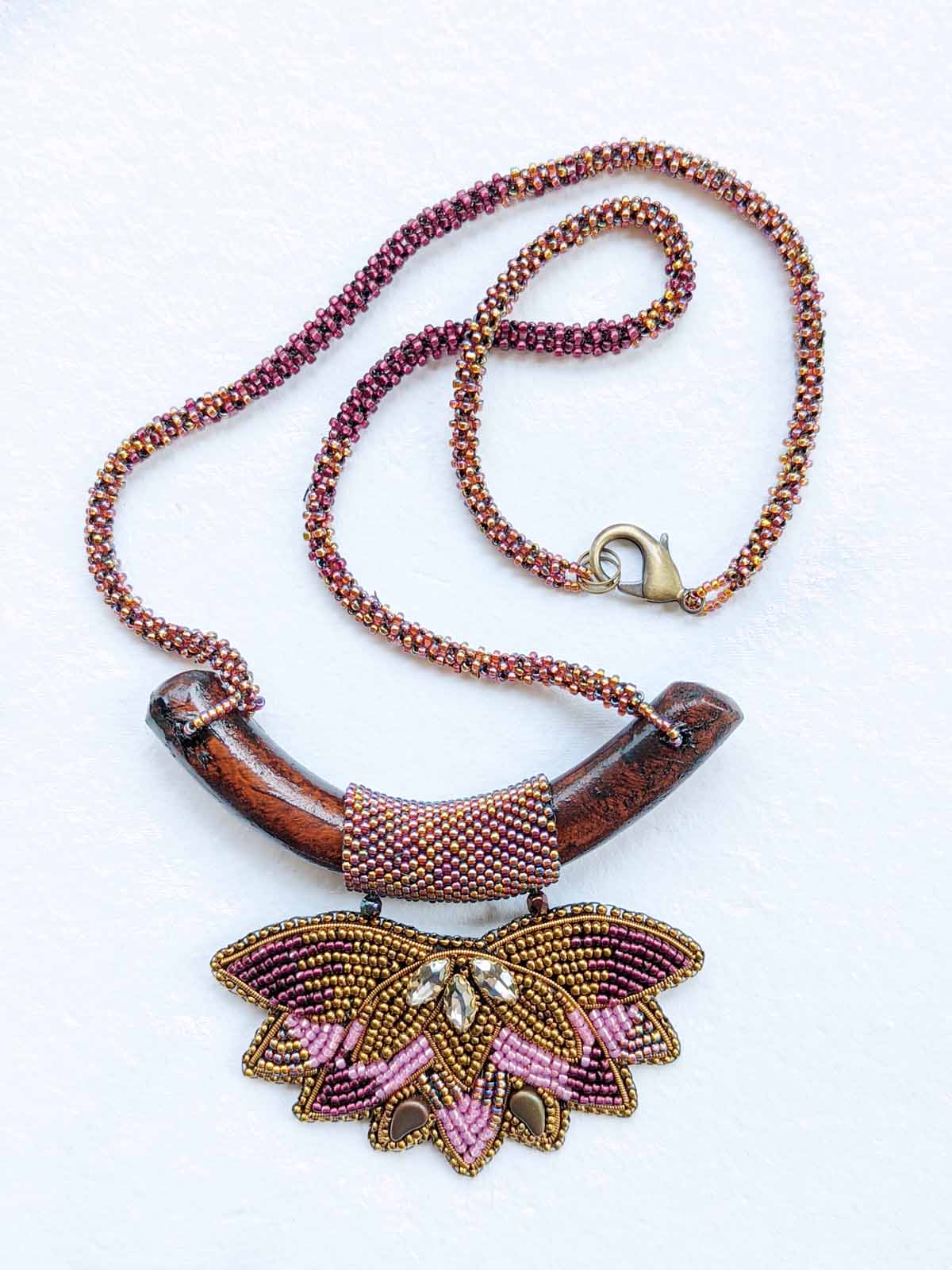 Padmaja Handmade Beaded Necklace Pink Magenta Silver Gold Wooden Element