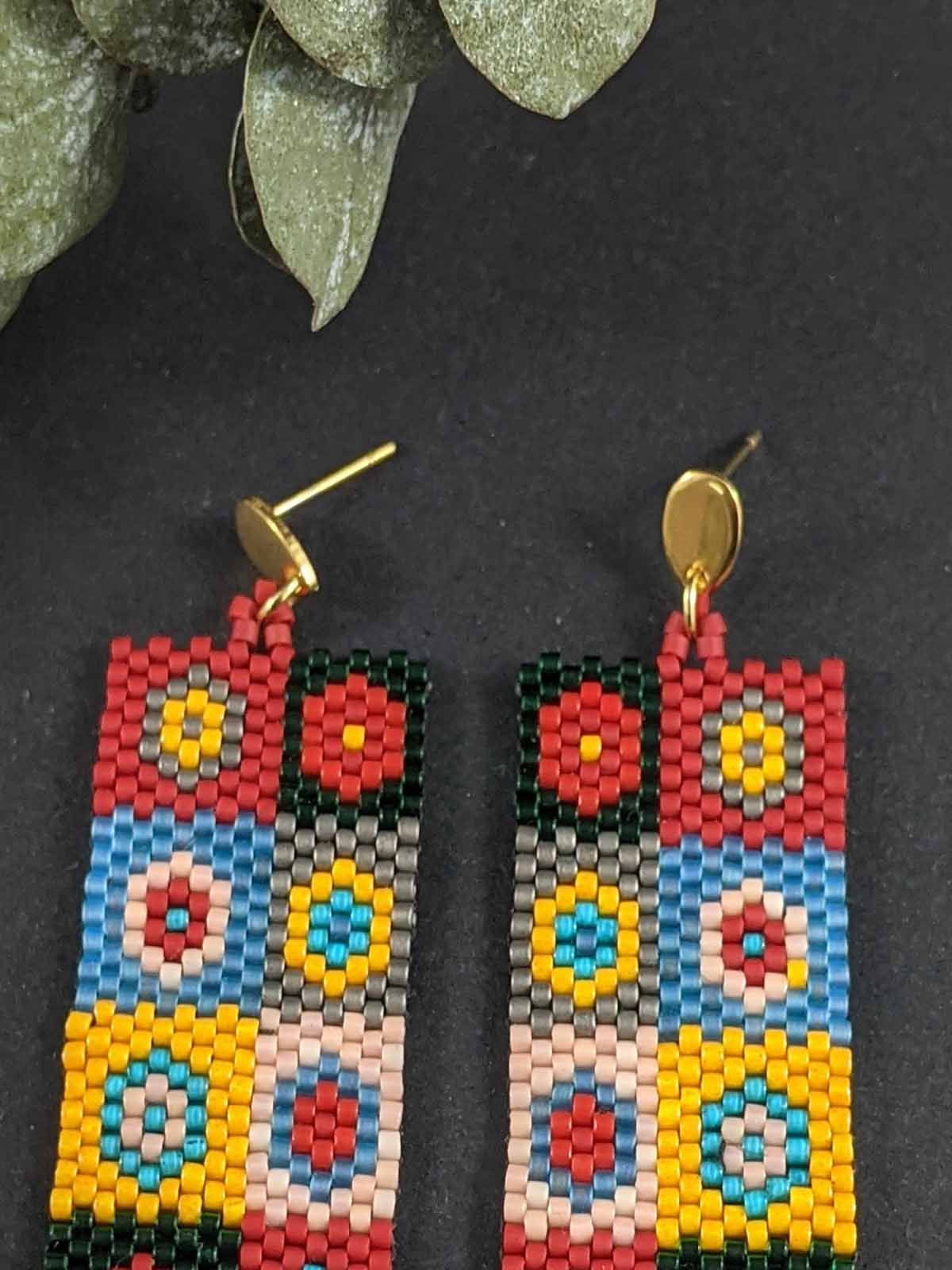 Multicolored Patchwork Earrings Handmade Beaded Weaving Stud Dangler Red Black Yellow Orange Blue Gold