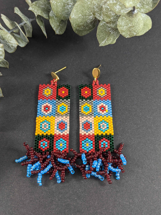 Multicolored Patchwork Earrings Handmade Beaded Weaving Stud Dangler Red Black Yellow Orange Blue Gold