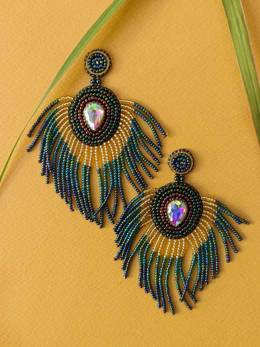 Dance like a Peacock Earrings Handmade Beaded Embroidered Stud Dangler Gold Green Rainbow Blue