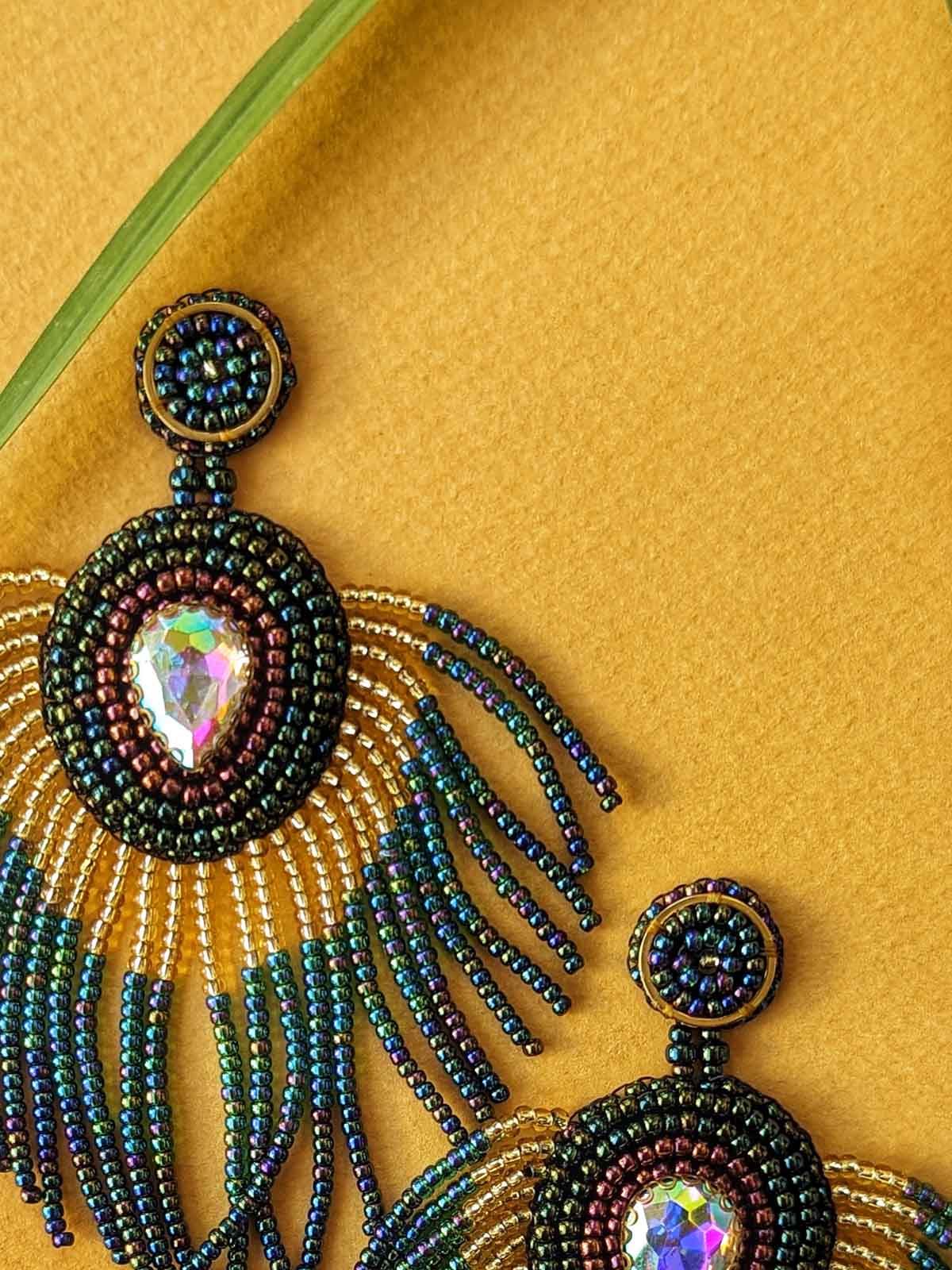 Dance like a Peacock Earrings Handmade Beaded Embroidered Stud Dangler Gold Green Rainbow Blue