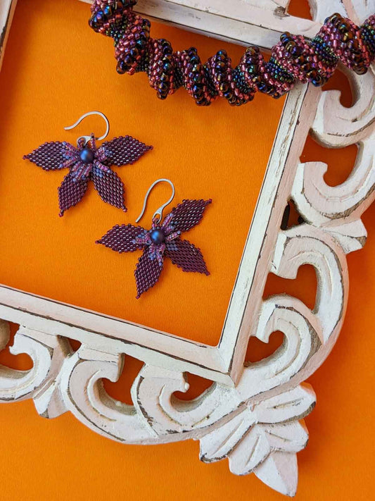 Asiatic Lily Earrings in Viva Magenta Handmade Beaded Weaving Purple Pearl Hook Dangler