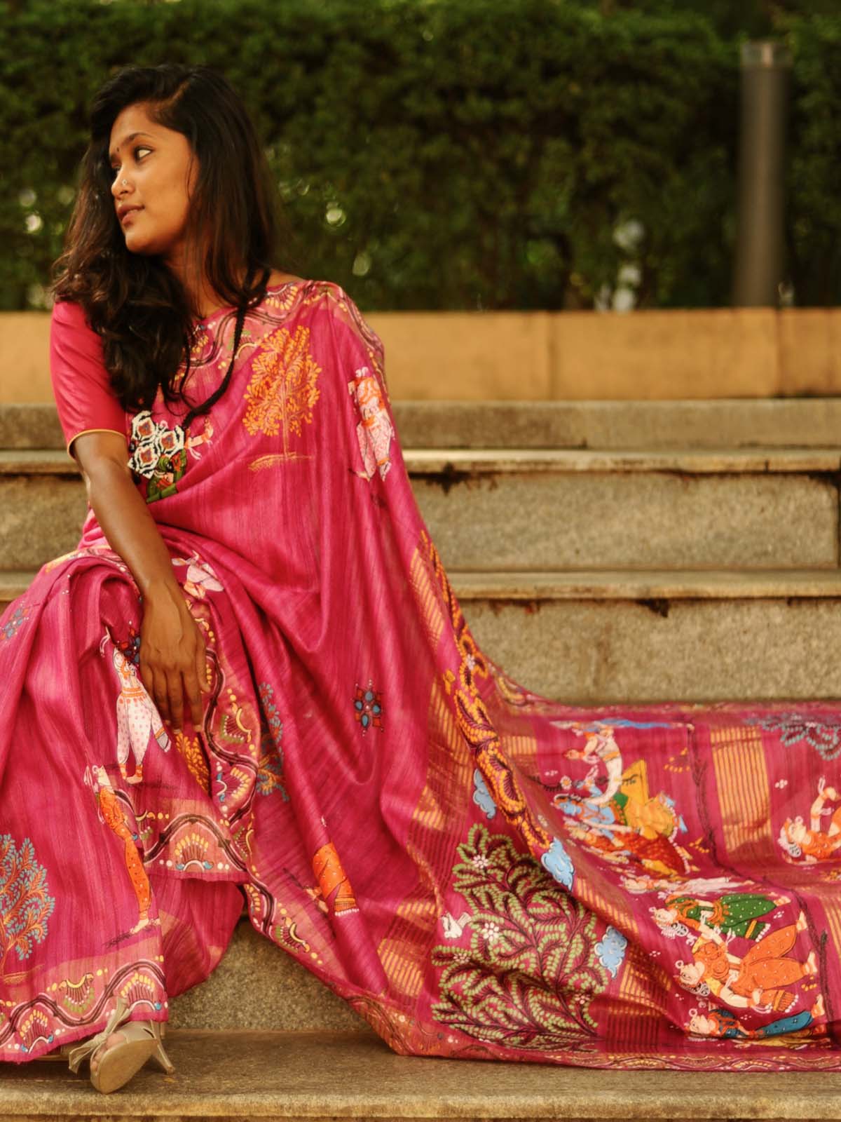"Raasa" - Magenta Pink Handpainted Pattachitra Silk Saree