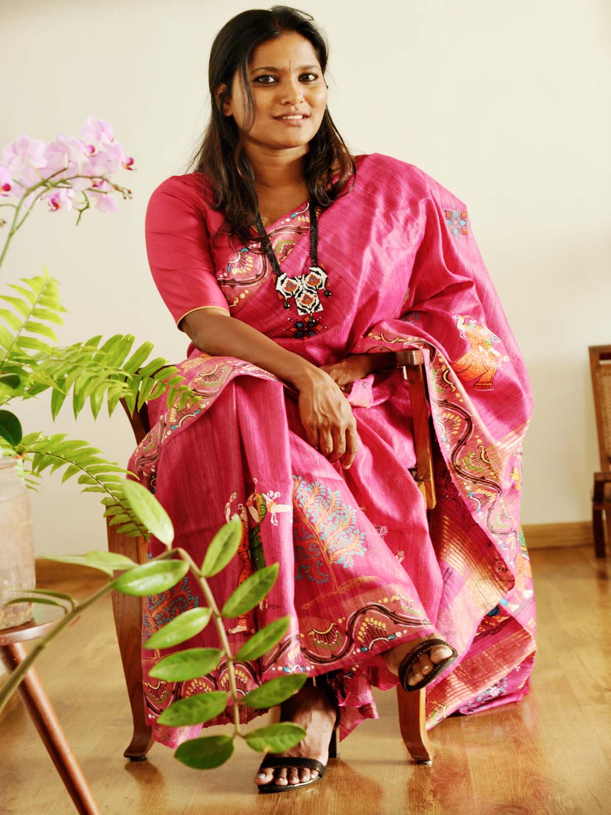 "Raasa" - Magenta Pink Handpainted Pattachitra Silk Saree