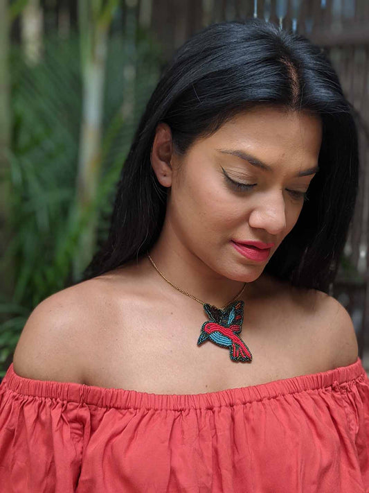 Striking Red Kingfisher Handmade Beaded Necklace Blue Gold Purple Rainbow Green