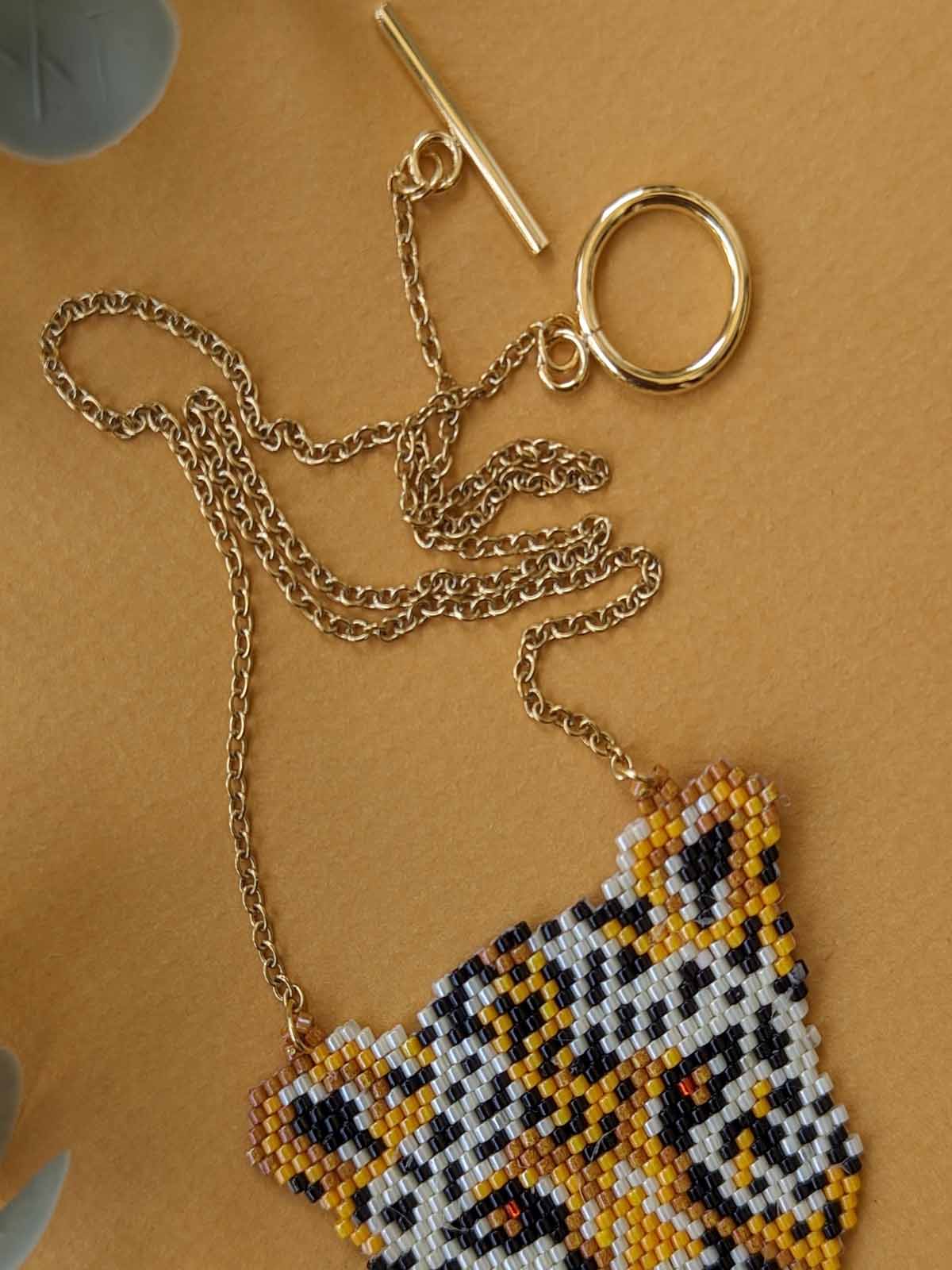 Tiger Handmade Beaded Necklace Gold Chain Yellow White Black Red