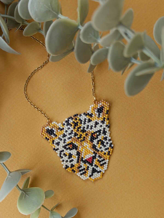 Tiger Handmade Beaded Necklace Gold Chain Yellow White Black Red