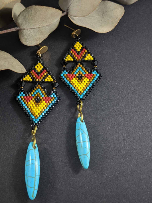 Turquoise Rain Long Handmade Beaded Earrings Weaving Stud Gold Yellow Black Green Blue