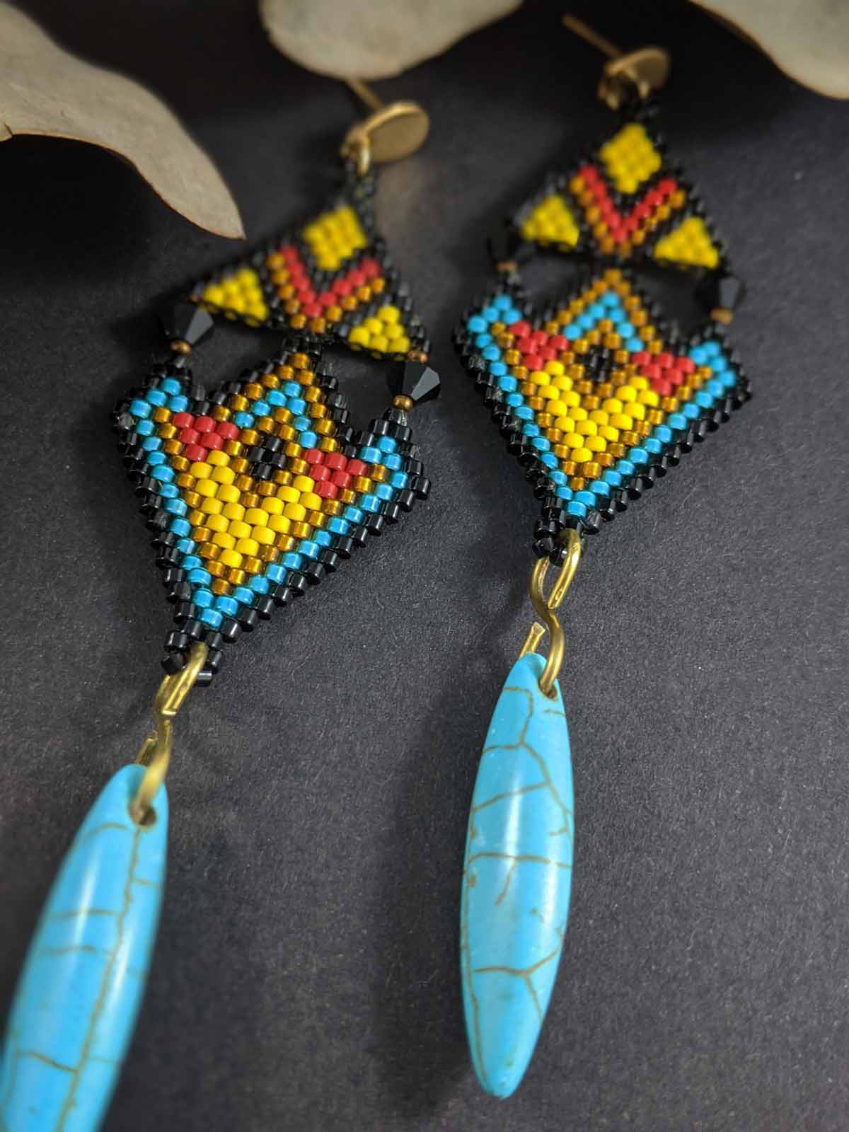Turquoise Rain Long Handmade Beaded Earrings Weaving Stud Gold Yellow Black Green Blue