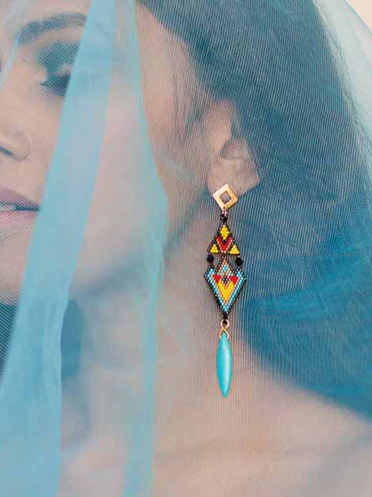 Turquoise Rain Long Handmade Beaded Earrings Weaving Stud Gold Yellow Black Green Blue