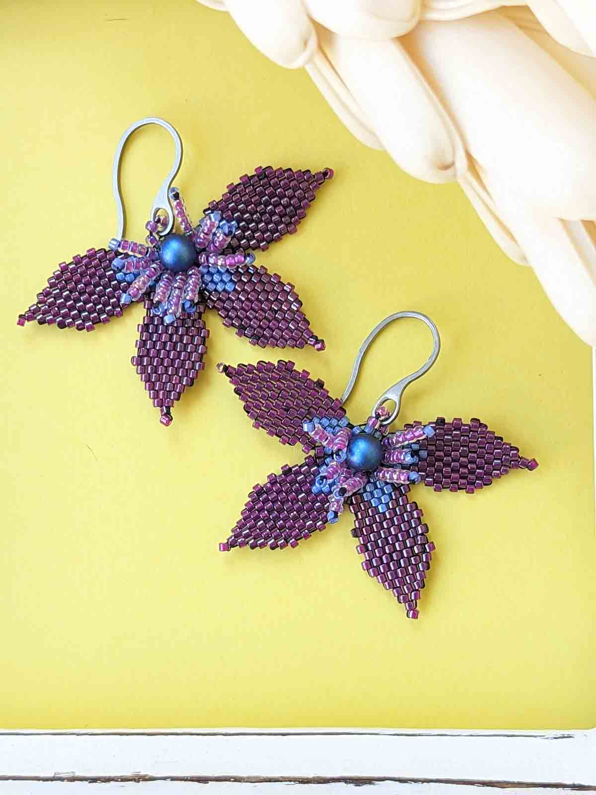 Asiatic Lily Earrings in Viva Magenta Handmade Beaded Weaving Purple Pearl Hook Dangler