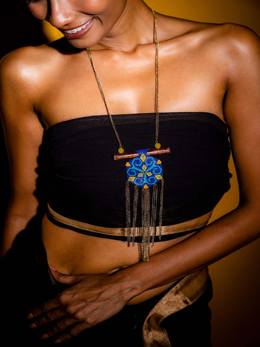 Zara in Blue Handmade Beaded Necklace Yellow Gold chain Wooden Component