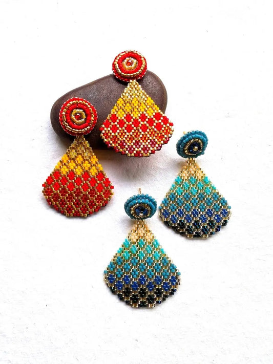 Ombre Blue Beaded Earrings with Gold Accents