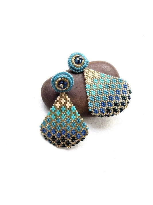 Ombre Blue Beaded Earrings with Gold Accents