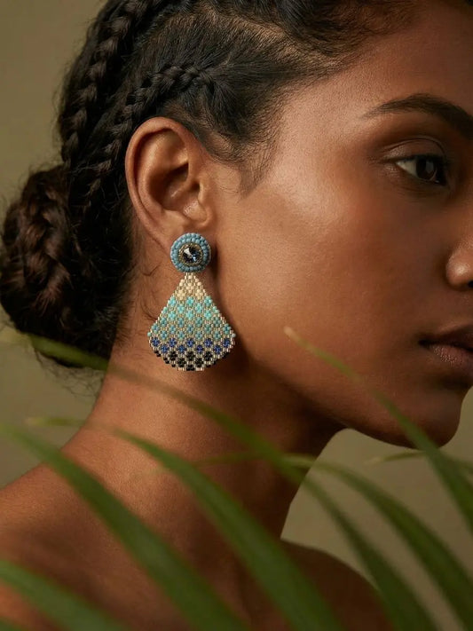 Ombre Blue Beaded Earrings with Gold Accents