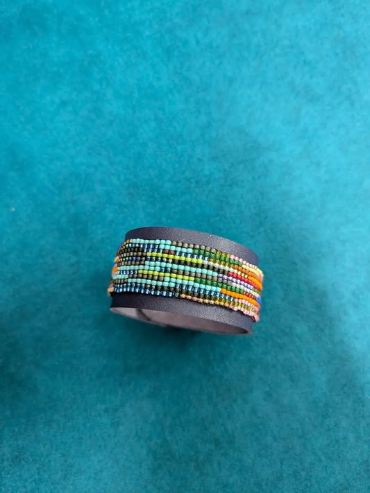 Blue Beaded Leather Cuff