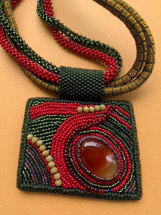 Handmade Beaded Brown Agate Rope Fabric Necklace