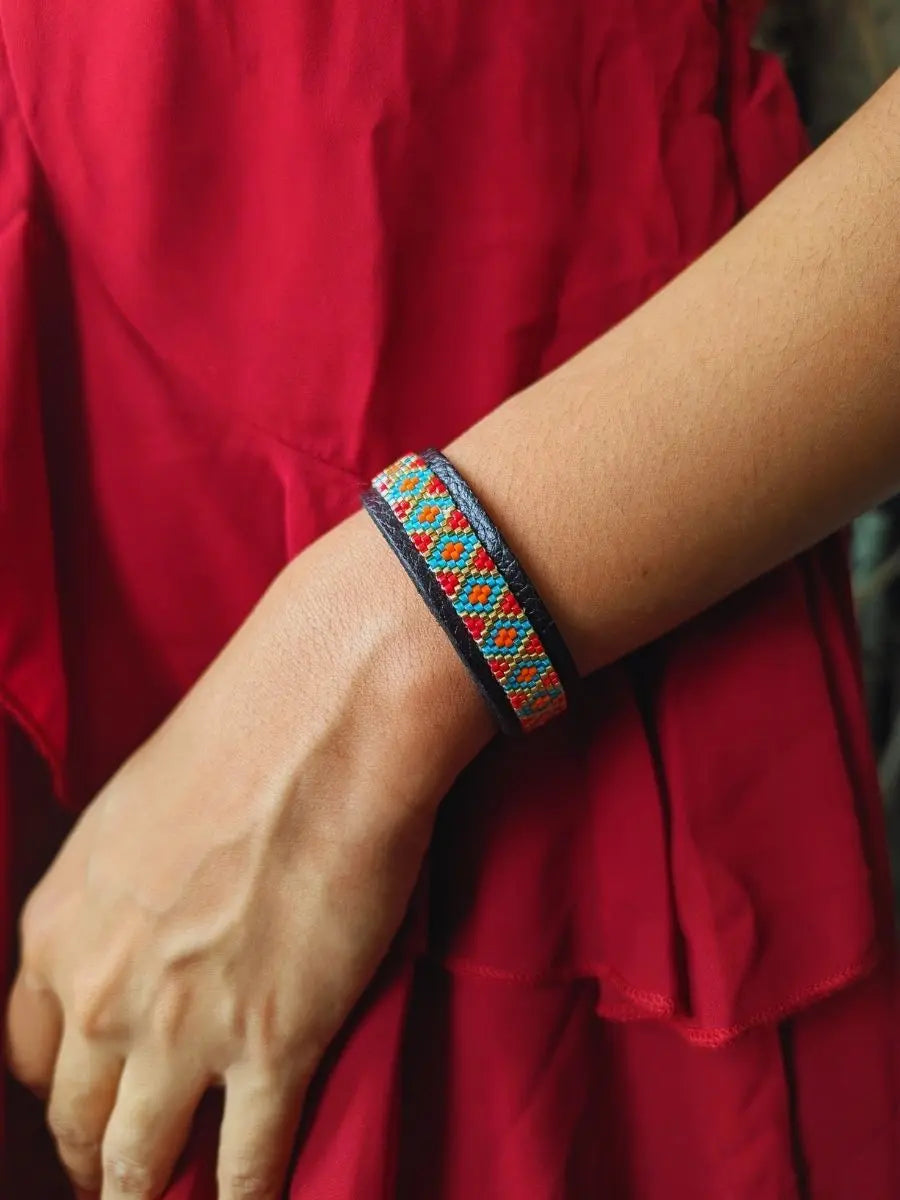 Geometric Beaded Leather Cuff Bracelet