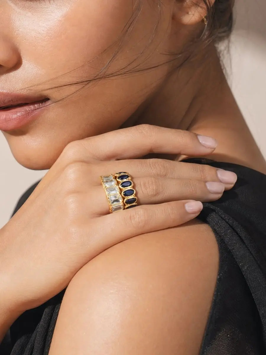 Harper Adjustable 92.5 Silver Ring with Blue Stones | 18kt Gold Plated