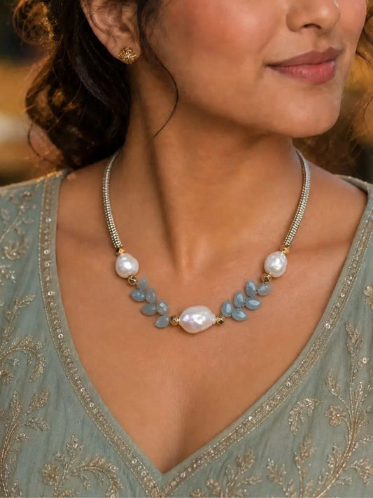 Nira Necklace — Aquamarine Gemstones & Pearl