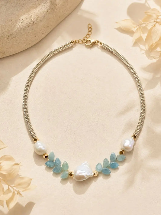 Nira Necklace — Aquamarine Gemstones & Pearl