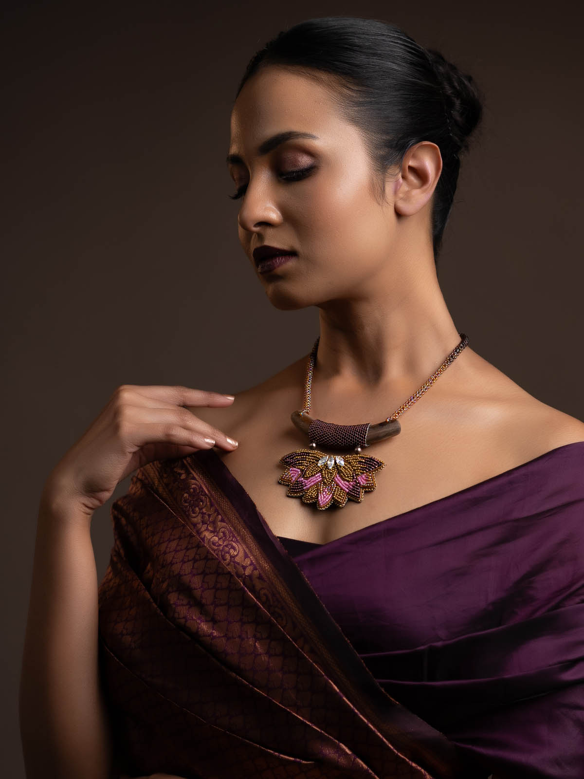 Padmaja Handmade Beaded Necklace Pink Magenta Silver Gold Wooden Element