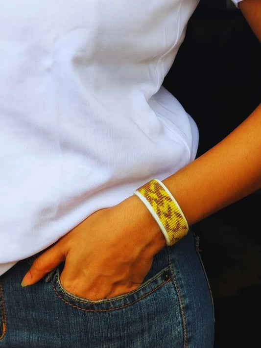 Yellow Beaded Leather Cuff