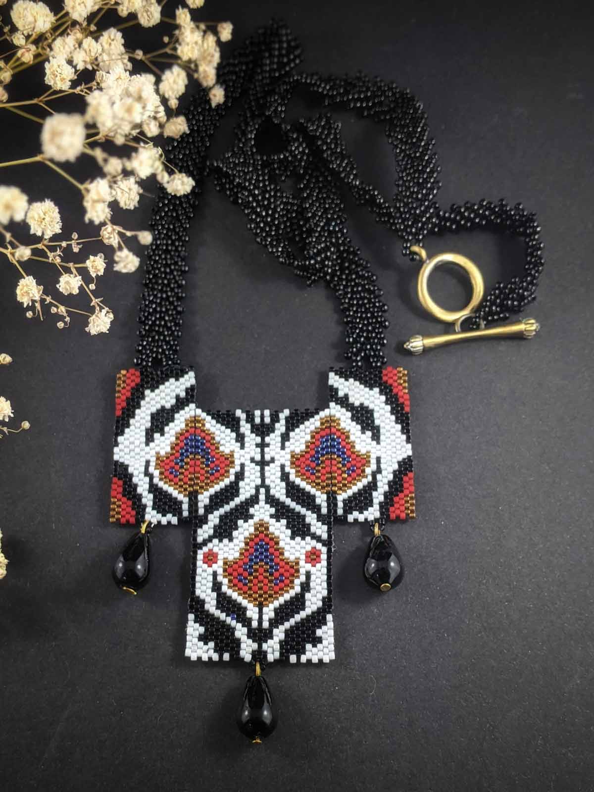 Black & Red Asymmetrical Handmade Beaded Necklace