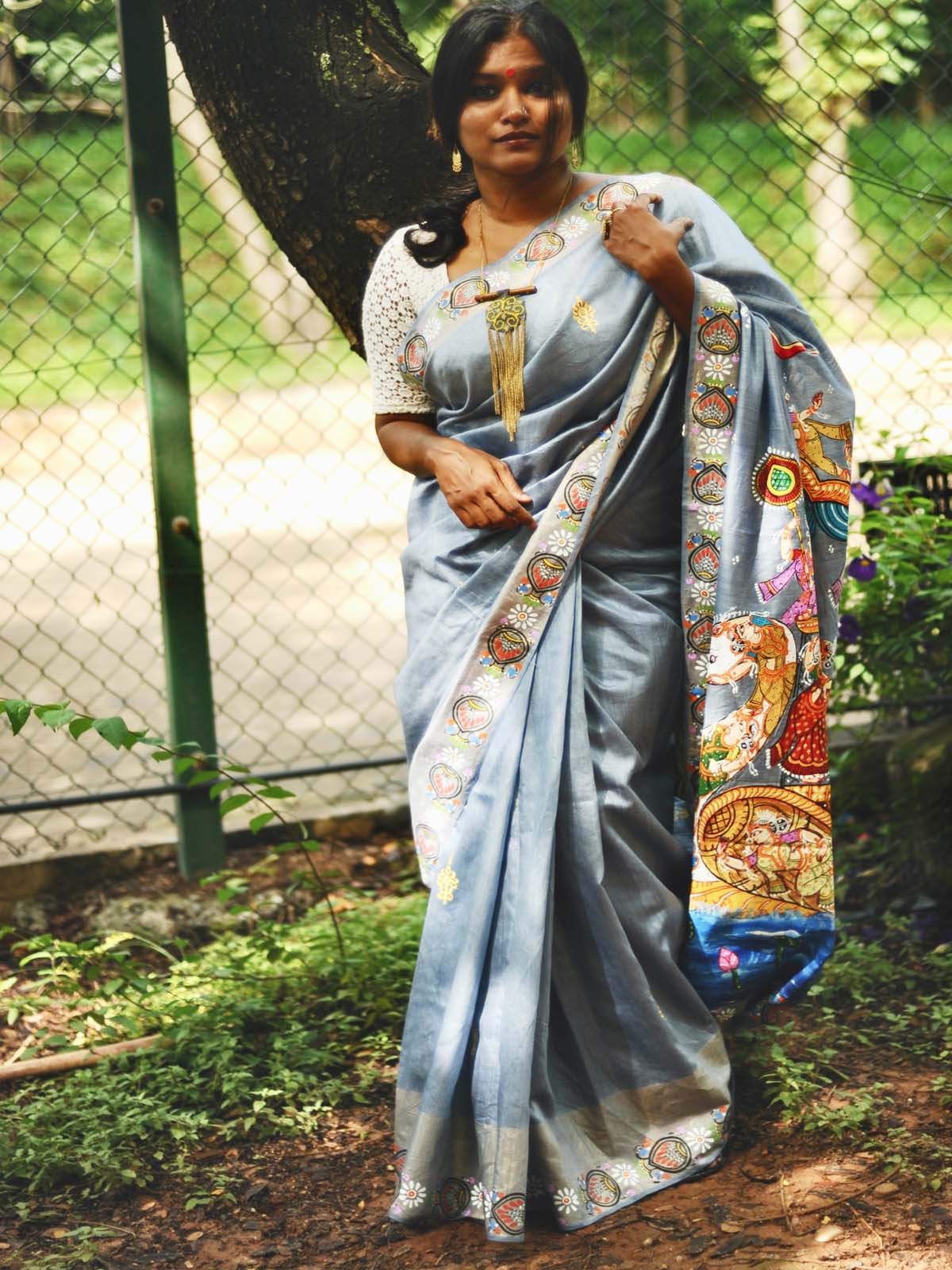 "Boitha Bandhana" - Steel Blue Pattachitra Handpainted Saree