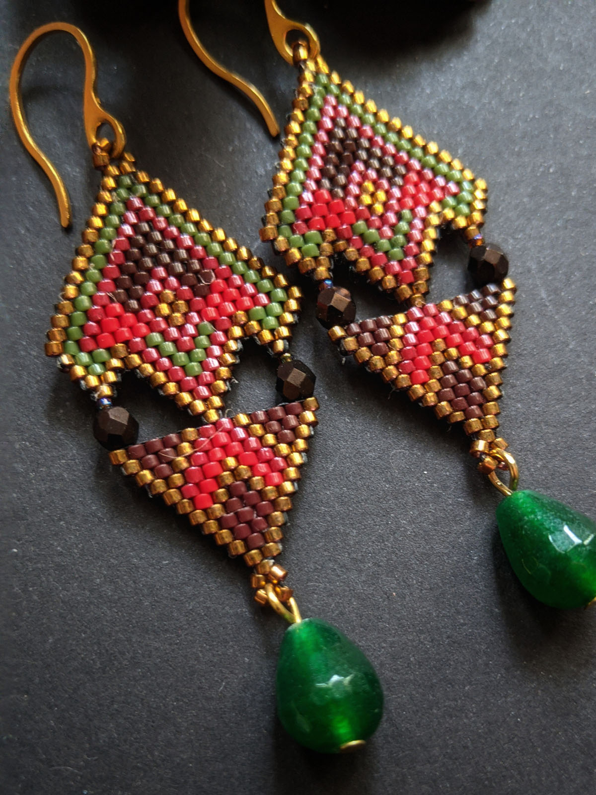 Handmade Beaded Earrings in Red & Brown with green agate drops