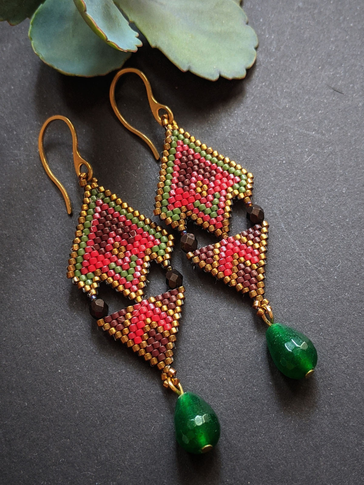 Handmade Beaded Earrings in Red & Brown with green agate drops